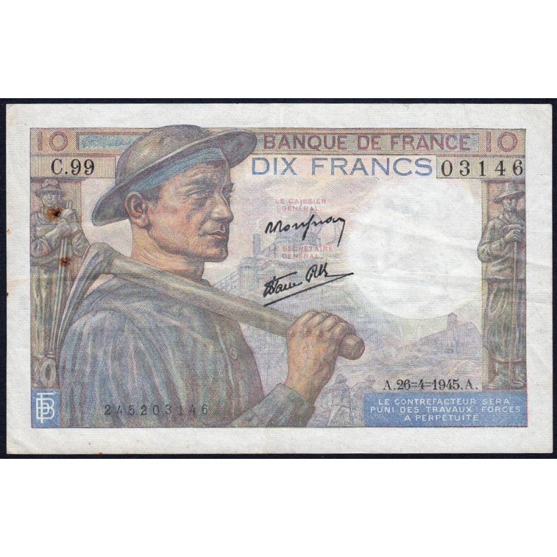 F 08-14 - 26/04/1945 - 10 francs - Mineur - Série C.99 - Etat : TTB