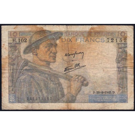 F 08-14 - 26/04/1945 - 10 francs - Mineur - Série H102 - Pub PCF - Etat : B
