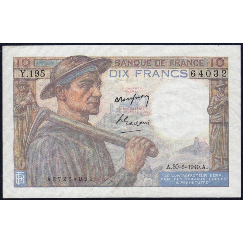 F 08-22 - 30/06/1949 - 10 francs - Mineur - Série Y.195 - Etat : TTB+