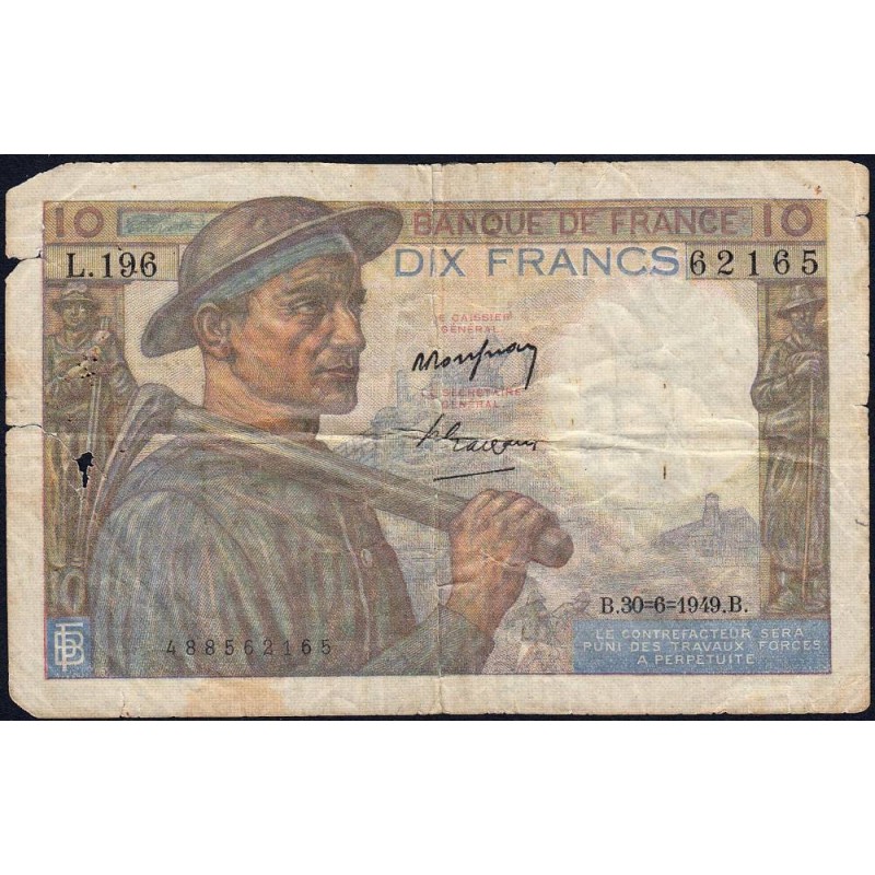 F 08-22 - 30/06/1949 - 10 francs - Mineur - Série L.196 - Etat : B-