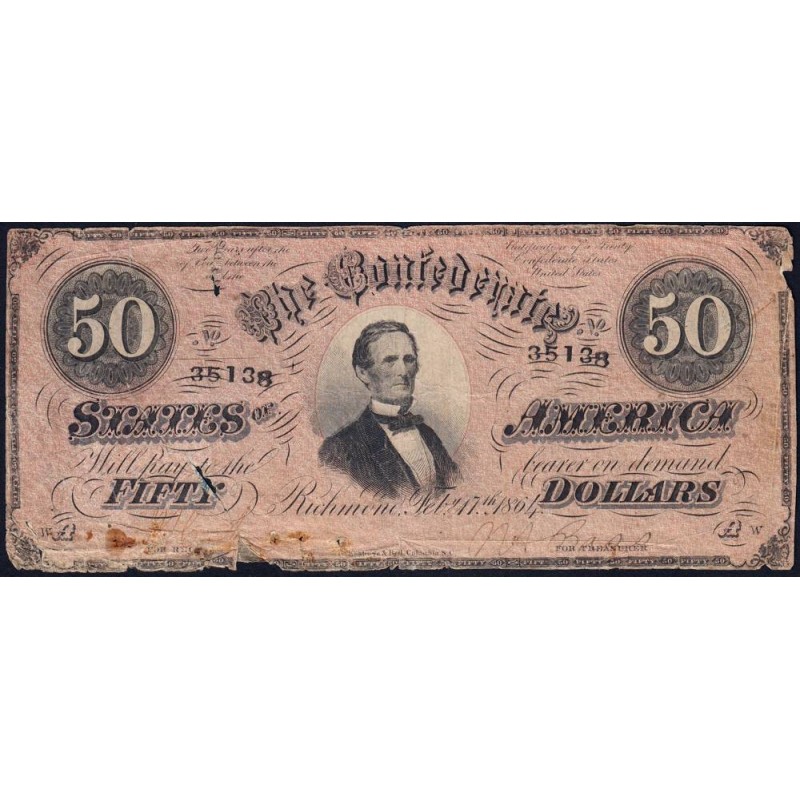 Etats Conf. d'Amérique - Pick 70 - 50 dollars - Sans série - Lettre A - 17/02/1864 - Etat : B