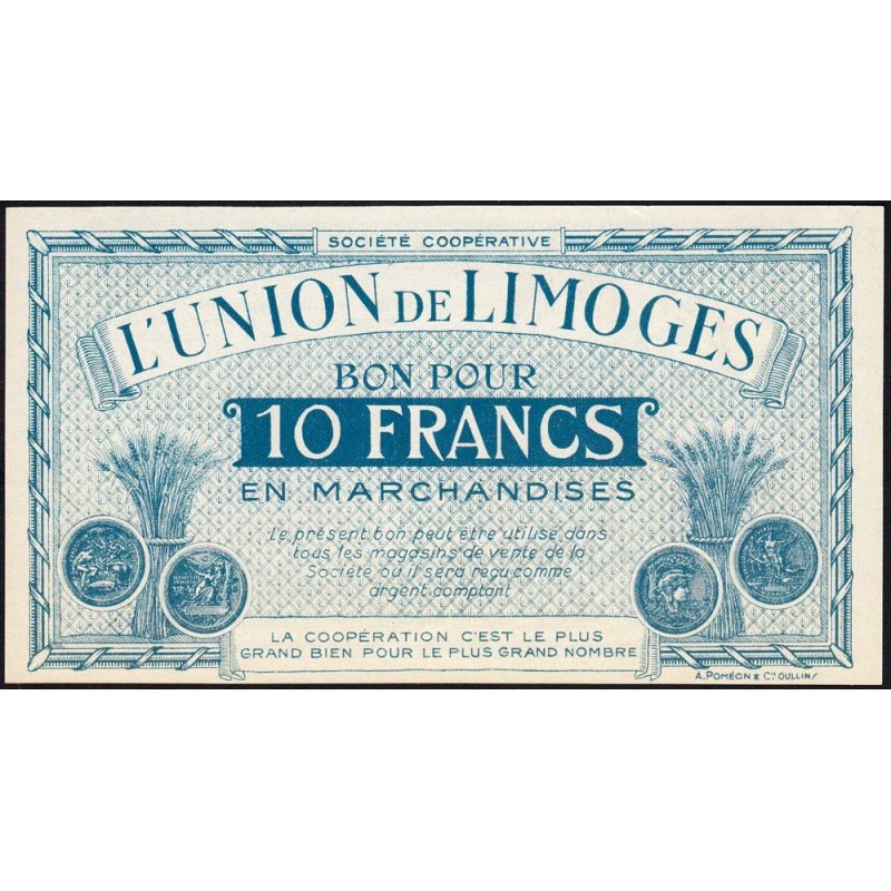 87 - Limoges - Union de Limoges - 10 francs - Type A - (1920-1935) - Etat : pr.NEUF