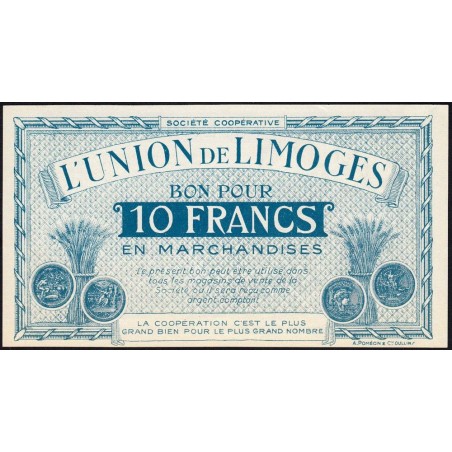 87 - Limoges - Union de Limoges - 10 francs - Type A - (1920-1935) - Etat : pr.NEUF