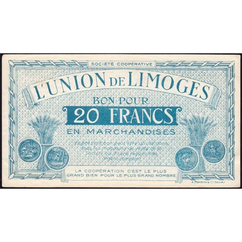 87 - Limoges - Union de Limoges - 20 francs - Type A - (1920-1935) - Etat : TB