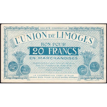 87 - Limoges - Union de Limoges - 20 francs - Type A - (1920-1935) - Etat : TB