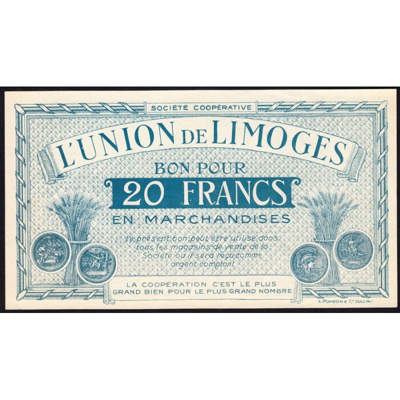 87 - Limoges - Union de Limoges - 20 francs - Type A - (1920-1935) - Etat : SUP+