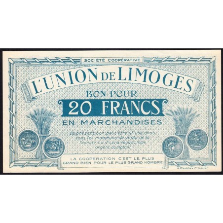 87 - Limoges - Union de Limoges - 20 francs - Type A - (1920-1935) - Etat : SUP+