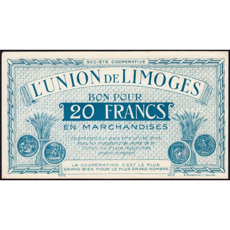 87 - Limoges - Union de Limoges - 20 francs - Type A - (1920-1935) - Etat : SUP+