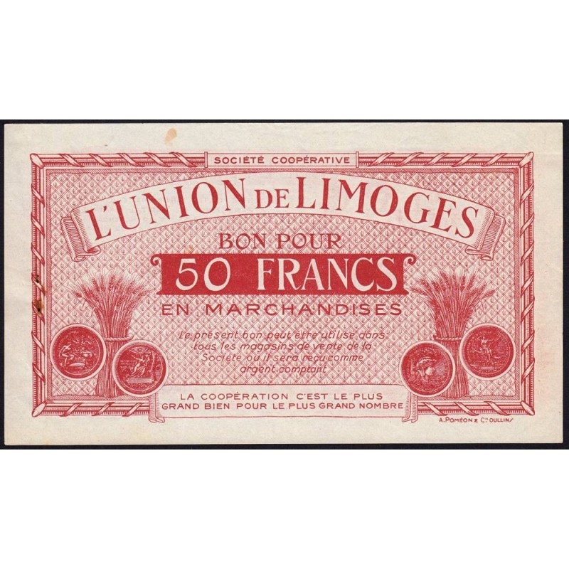 87 - Limoges - Union de Limoges - 50 francs - Type A - (1920-1935) - Etat : TTB+