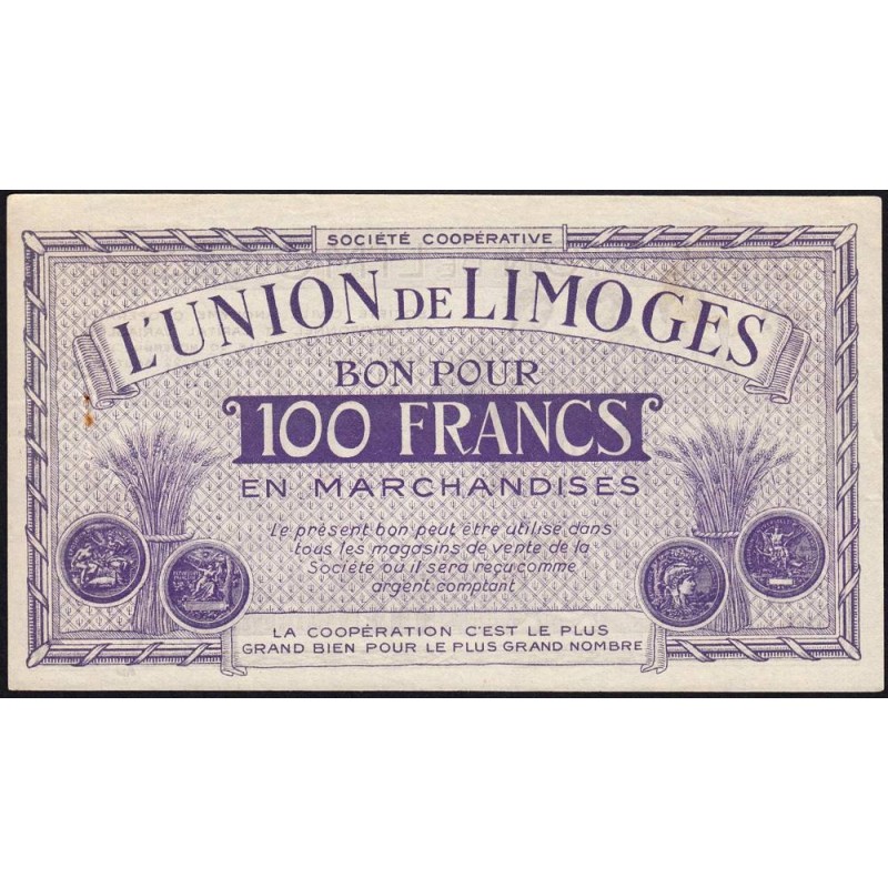 87 - Limoges - Union de Limoges - 100 francs - Type C - (1920-1935) - Etat : SUP