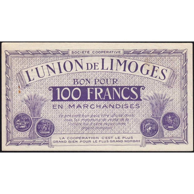 87 - Limoges - Union de Limoges - 100 francs - Type C - (1920-1935) - Etat : SUP