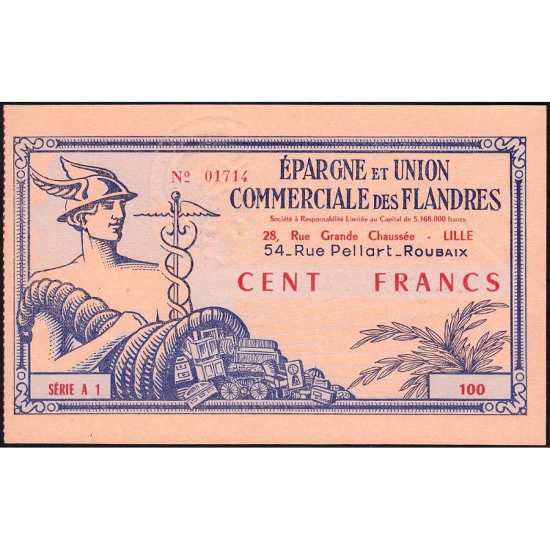 59 - Epargne et Union commerciale des Flandres - 100 francs - Série A1 - (1955-1961) - Etat : SUP