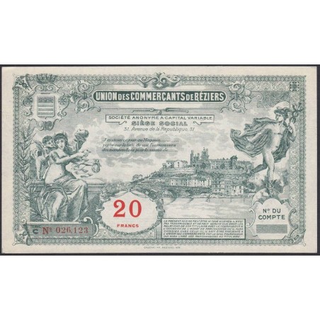 34 - Béziers - Union des Commerçants - 20 francs - Série C - (1920-1925) - Etat : SPL