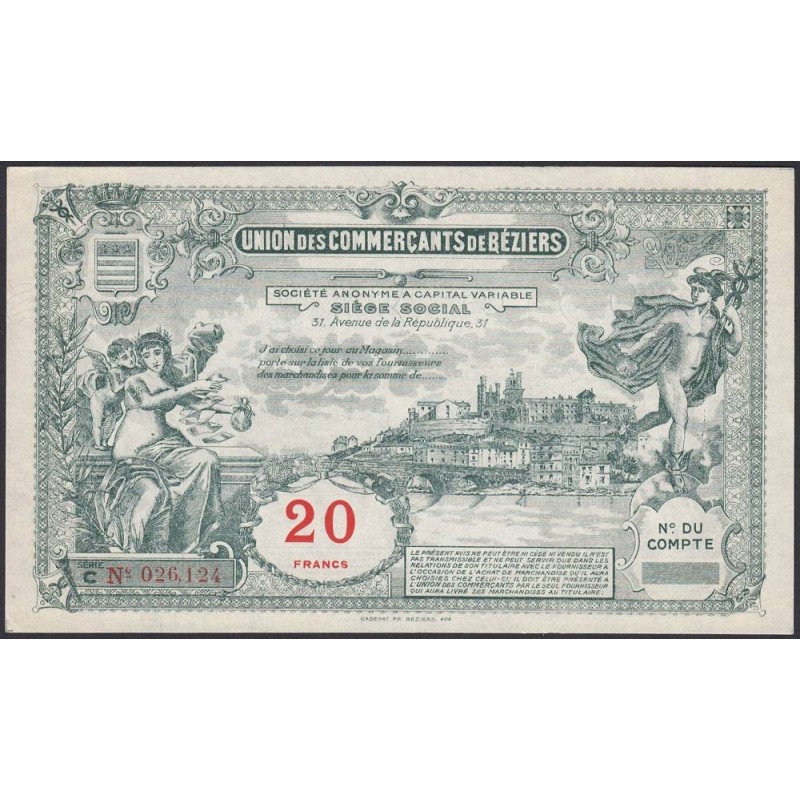 34 - Béziers - Union des Commerçants - 20 francs - Série C - (1920-1925) - Etat : SPL