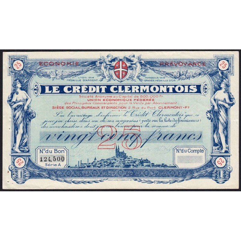 63 - Clermont-Ferrand - Le Crédit Clermontois - 25 francs - Série A - (1920-1925) - Etat : TTB