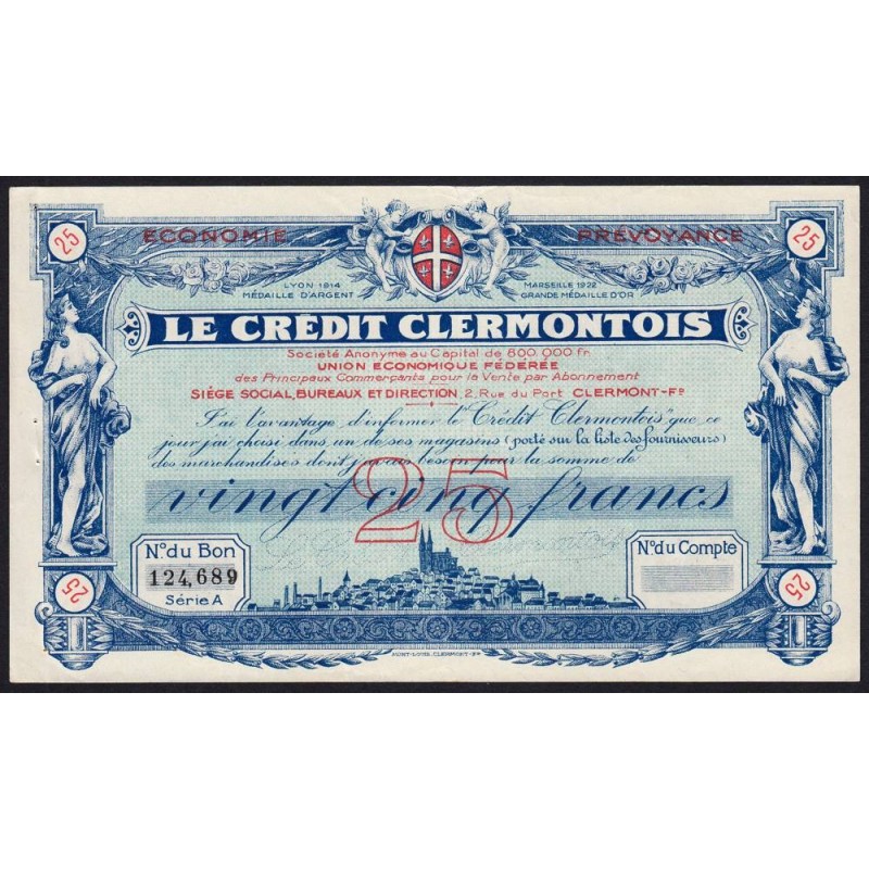 63 - Clermont-Ferrand - Le Crédit Clermontois - 25 francs - Série A - (1920-1925) - Etat : TTB+