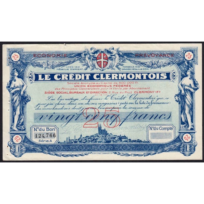 63 - Clermont-Ferrand - Le Crédit Clermontois - 25 francs - Série A - (1920-1925) - Etat : TTB