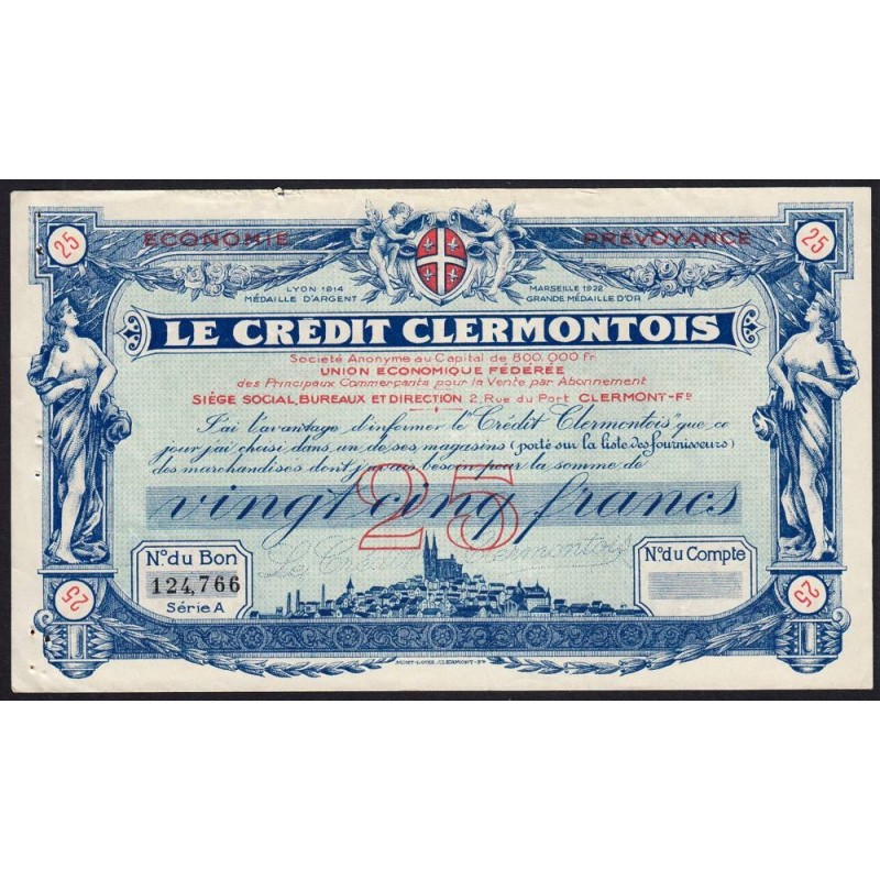 63 - Clermont-Ferrand - Le Crédit Clermontois - 25 francs - Série A - (1920-1925) - Etat : TTB