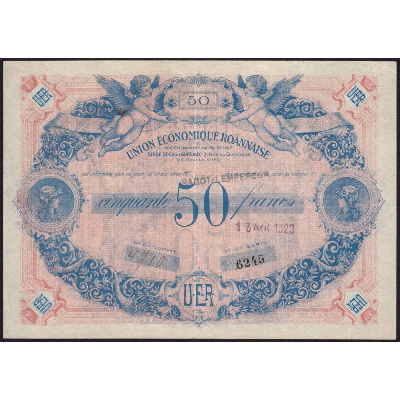 42 - Roanne - Union Economique Roannaise - 50 francs - Type C - (1925-1930) - Etat : SUP