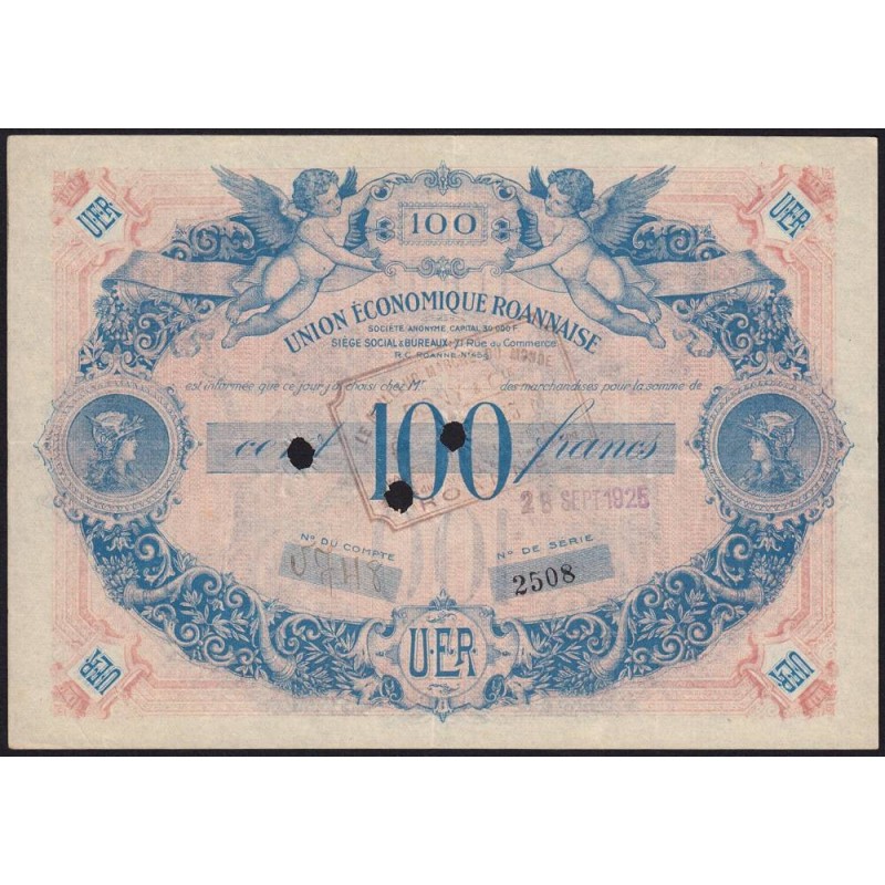 42 - Roanne - Union Economique Roannaise - 100 francs - Type C - (1925-1930) - Annulé - Etat : SUP