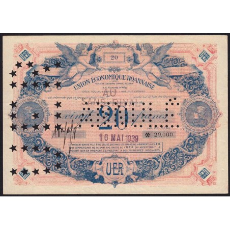 42 - Roanne - Union Economique Roannaise - 20 francs - Type E - (1938-1939) - Annulé - Etat : TTB+