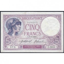 F 03-02 - 17/09/1918 - 5 francs - Violet - Série O.3683 - Etat : TTB