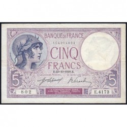 F 03-02a - 23/10/1918 - 5 francs - Violet - Série E.4173 - Etat : TTB-