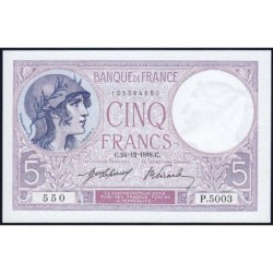 F 03-02a - 24/12/1918 - 5 francs - Violet - Série P.5003 - Etat : SUP+