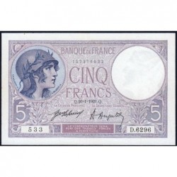 F 03-05 - 20/01/1921 - 5 francs - Violet - Série D.6296 - Etat : SUP+