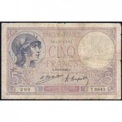 F 03-06 - 19/06/1922 - 5 francs - Violet - Série Y.8843 - Etat : B+