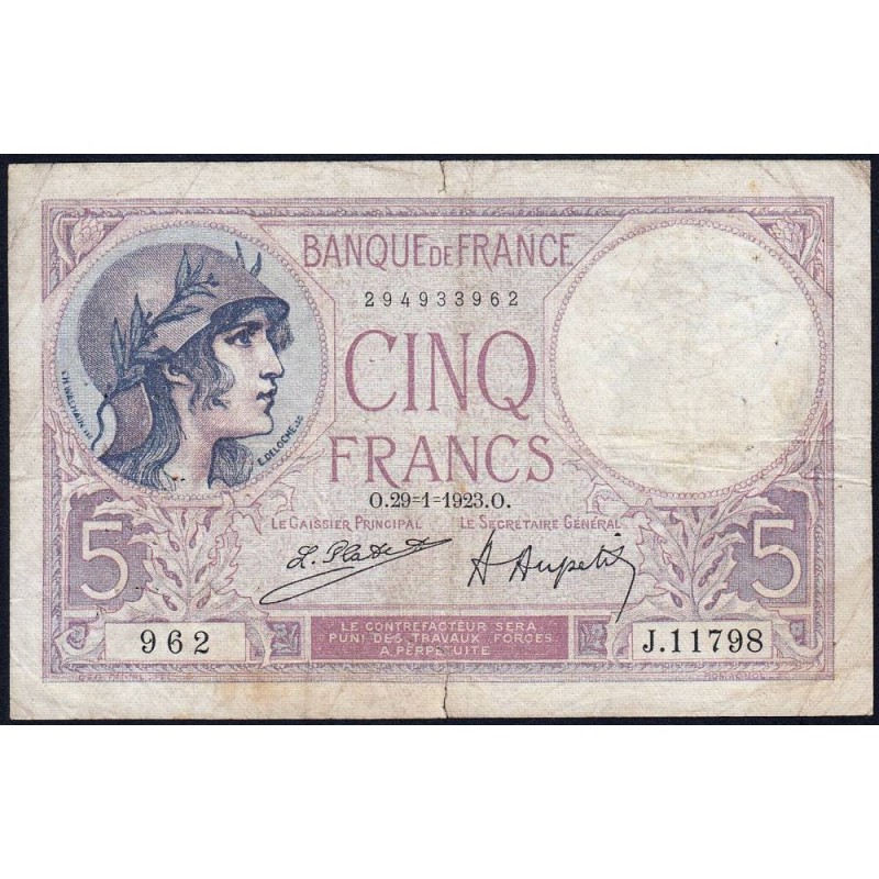F 03-07 - 29/01/1923 - 5 francs - Violet - Série J.11798 - Etat : TB