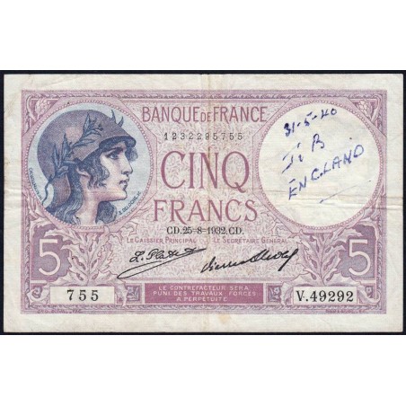 F 03-16 - 25/08/1932 - 5 francs - Violet - Série V.49292 - Londres 31 mai 1940 - Etat : TB+