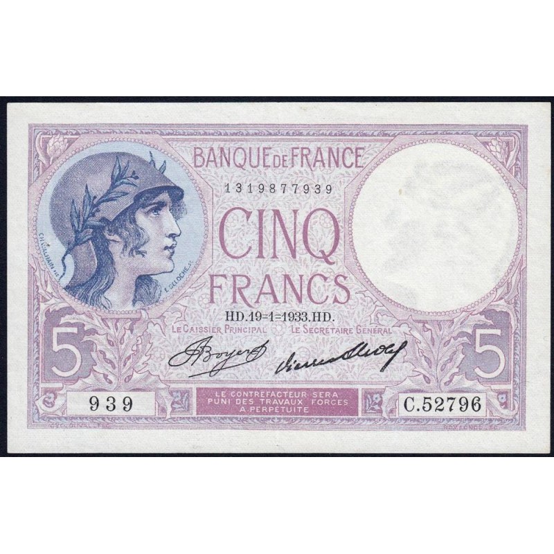 F 03-17 - 19/01/1933 - 5 francs - Violet - Série C.52796 - Etat : SUP