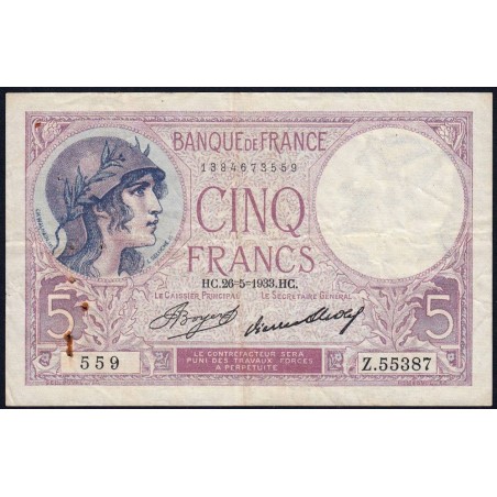 F 03-17 - 26/05/1933 - 5 francs - Violet - Série Z.55387 - Etat : TB+