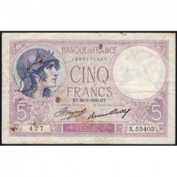 F 03-17 - 26/05/1933 - 5 francs - Violet - Série X.55403 - Etat : TB