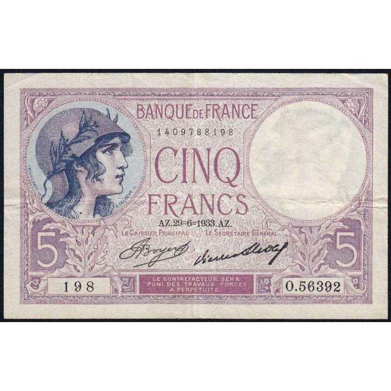 F 03-17 - 29/06/1933 - 5 francs - Violet - Série O.56392 - Etat : TTB