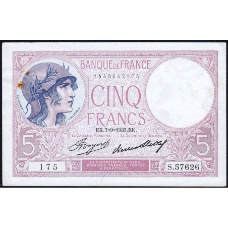 F 03-17 - 07/09/1933 - 5 francs - Violet - Série S.57626 - Etat : SUP