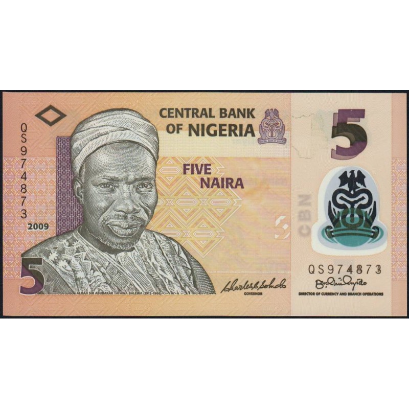 Nigéria - Pick 38a - 5 naira - Série QS - 2009 - Polymère - Etat : NEUF