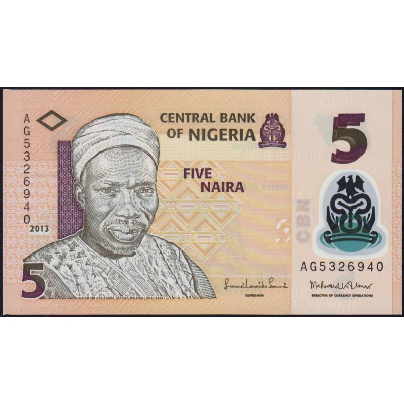 Nigéria - Pick 38d - 5 naira - Série AG - 2013 - Polymère - Etat : NEUF