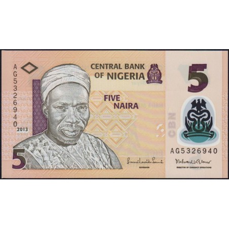 Nigéria - Pick 38d - 5 naira - Série AG - 2013 - Polymère - Etat : NEUF