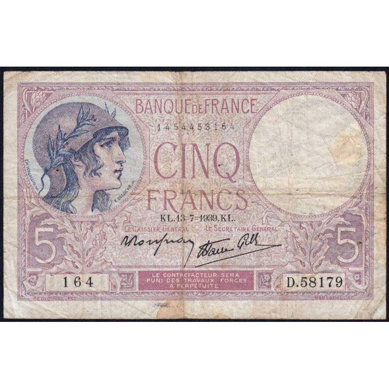 F 04-01 - 13/07/1939 - 5 francs - Violet modifié - Série D.58179 - Etat : TB-