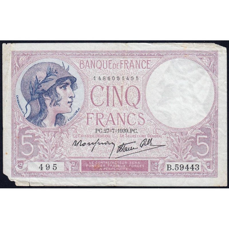 F 04-03 - 27/07/1939 - 5 francs - Violet modifié - Série B.59443 - Etat : B+