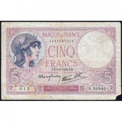 F 04-04 - 03/08/1939 - 5 francs - Violet modifié - Série N.59942 - Etat : B+