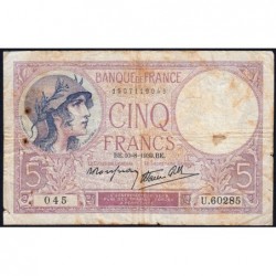 F 04-05 - 10/08/1939 - 5 francs - Violet modifié - Série U.60285 - Etat : B+