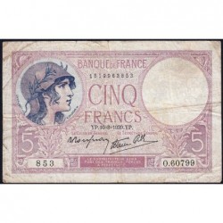 F 04-05 - 10/08/1939 - 5 francs - Violet modifié - Série O.60799 - Etat : TB-