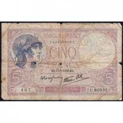 F 04-06 - 17/08/1939 - 5 francs - Violet modifié - Série U.60935 - Etat : B