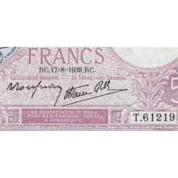 F 04-06 - 17/08/1939 - 5 francs - Violet modifié - Série T.61219 - Etat : TTB