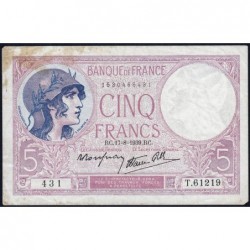 F 04-06 - 17/08/1939 - 5 francs - Violet modifié - Série T.61219 - Etat : TB-