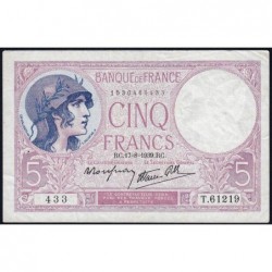 F 04-06 - 17/08/1939 - 5 francs - Violet modifié - Série T.61219 - Etat : TTB-