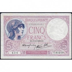 F 04-06 - 17/08/1939 - 5 francs - Violet modifié - Série T.61219 - Etat : TTB-